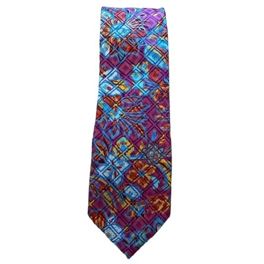 NWOT PRONTO UOMO Silk Floral & Geometric Pattern Skinny Tie, Fuchsia Blue Orange